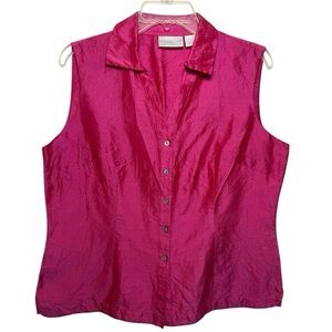 Vintage 90s Silk Sleeveless Button Up Blouse Size Large Pink Fuchsia Y2K
